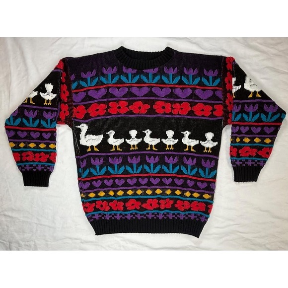 Rosevelvet Sweaters - Vintage Ducks Knit Sweater 80s/90s Women's Medium Multicolor Flowers Hearts USA